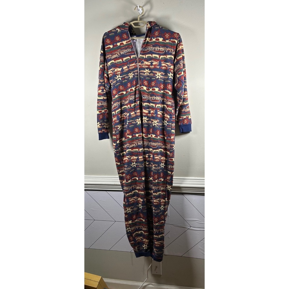 New Savage X Fenty Hooded Jumpsuit Womens L Multi Fair Isle Logo Zip Up warm PJ